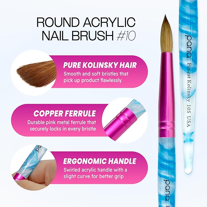 PANA Pure Kolinsky Hair Acrylic Nail Brush - Round Shape Pink Ferrule with White Swirl Blue Handle (Size 10)