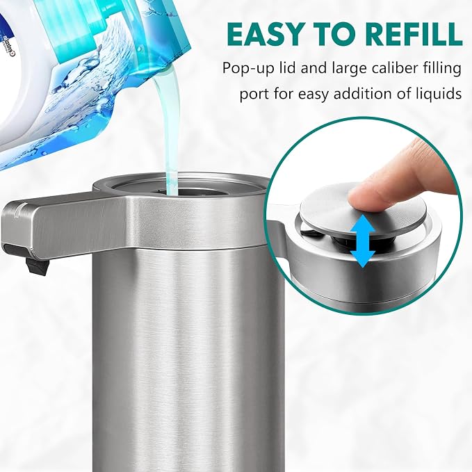 Automatic Soap Dispenser Stainless Steel with Sensor Infrared Soap Dispenser Electric IPX5 Waterproof USB-C Charging Motion Sensor for Kitchen & Bathroom (Silver)