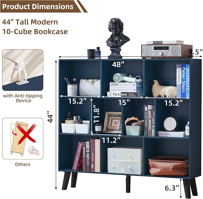 LEYAOYAO 10 Cube Bookshelf,Mid-Century Modern Bookcase with Legs,Dark Blue | 3 Tier Book Shelf,Rustic Wood Bookshelves Freestanding Large Storage Organizer, Open Shelves for Bedroom, Living Room, Office