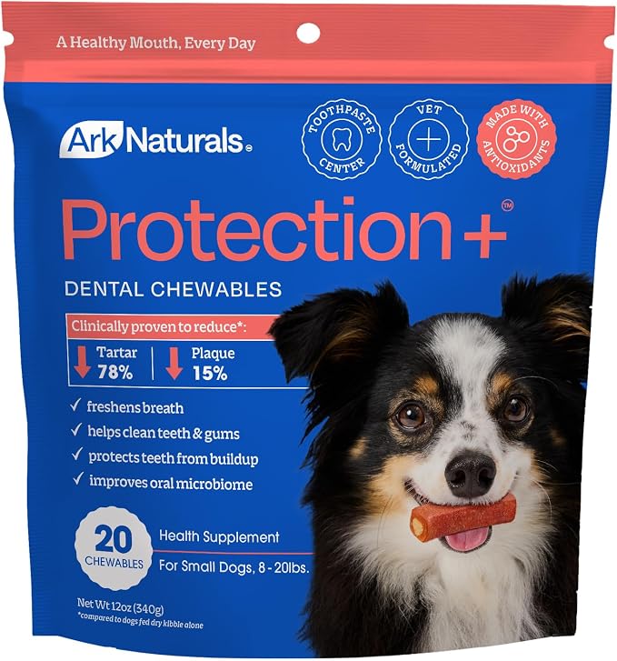 Ark Naturals Protection+ Brushless Toothpaste Chews - Small Breeds (20 ct) | Vet Formulated Dog Dental Chew with Toothpaste Center - Freshens Breath and Prevents Plaque & Tartar