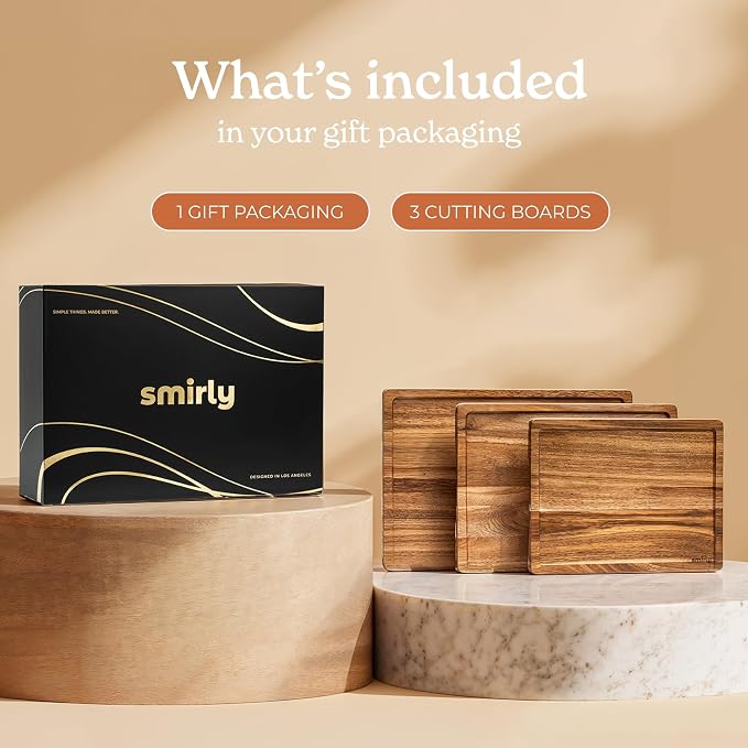 SMIRLY Acacia Wood Cutting Board - 3 Pack Cutting Boards for Kitchen | Non Toxic Acacia Cutting Board with Juice Grooves and Handles, Multiple Sizes Chopping Board for Meal Prep & Charcuterie