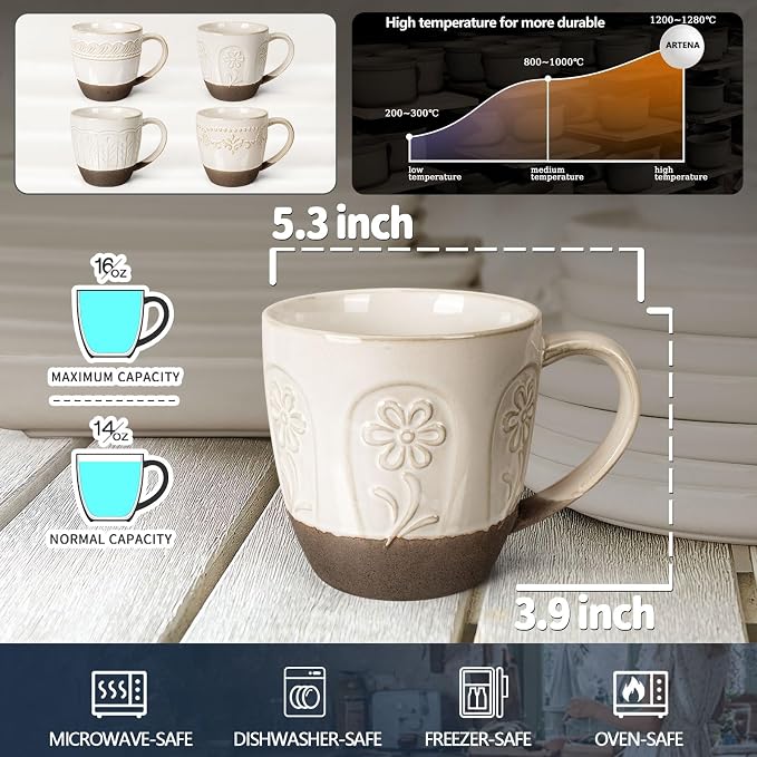 Artena Ceramic Coffee Mugs Set of 4, 16oz Embossed Large Latte Mugs Coffee Cups with Handle for Tea, Latte, Cappuccino & Cocoa, Milk Dishwasher & Microwave Safe, White (Pinwheel Flower)