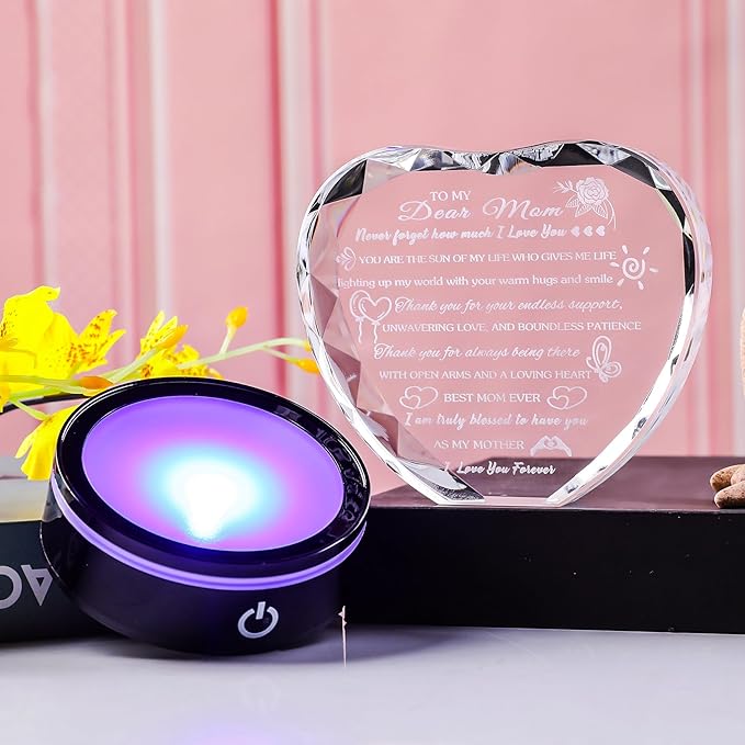 Arikyrist Gifts for Mom with Colorful LED Base Unique Moms Birthday Gifts from Daughter Son Crystal Heart Keepsakes to My Mom Gift for Mother's Day Thanksgiving Best Mother Ever Presents