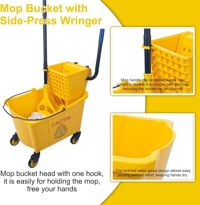 Kefanta 35 Qt Side Press Wringer Combo Commercial Mop Bucket on Wheels Set,Yellow,Include 1 Heavy Duty Industrial Mop for Floor Cleaning and Wet Floor Caution Sign