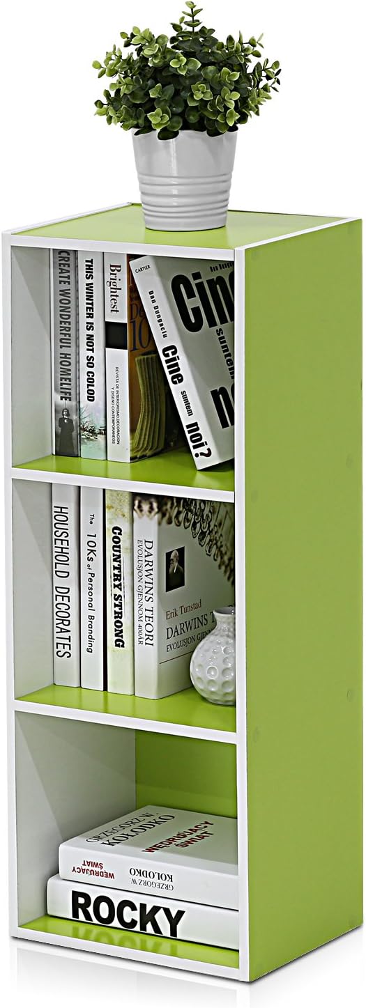 Furinno LUDER Book Shelf, 3-Cube Bookshelf, Bookcase with Open Shelves, 9.3 x 12 x 31.5, Easy Assembly, for Living Room, Bedroom, Home Office, White/Green