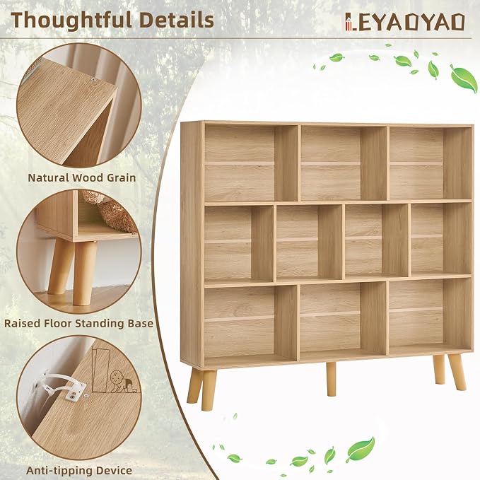 LEYAOYAO 10 Cube Bookshelf,Mid-Century Modern Bookcase with Legs,Light Wood | 3 Tier Book Shelf,Rustic Wood Bookshelves Freestanding Large Storage Organizer, Open Shelves for Bedroom, Living Room, Office