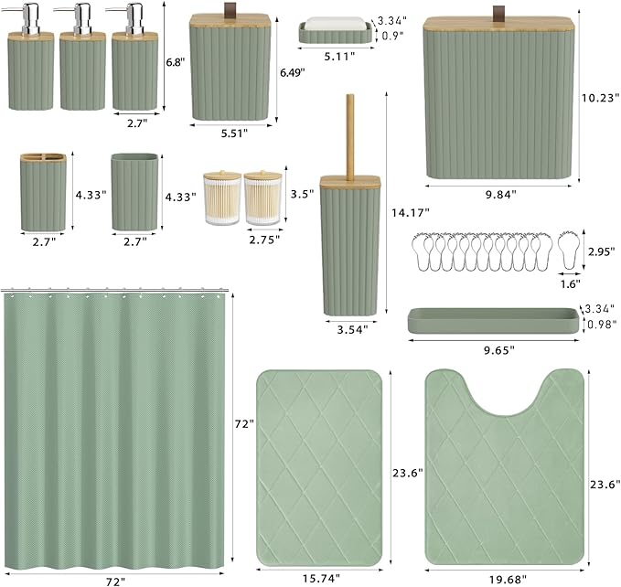 Bathroom Accessory Set - Bathroom Sets with Shower Curtain and Rugs, Sage Green Bathroom Set, 27PC Bathroom Accessories Set, Mini Trash Can, Toilet Brush, Trash Can & Soap Dispenser