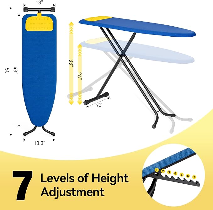 Ironing Board Full Size, Iron Board with Silicon Rest, Foldable Ironing Boards Standard Size, Heavy Duty Iron Stand Boads, Ironing Table with 7 Height Adjustable Anti-Slip Feet, 13x43 Blue