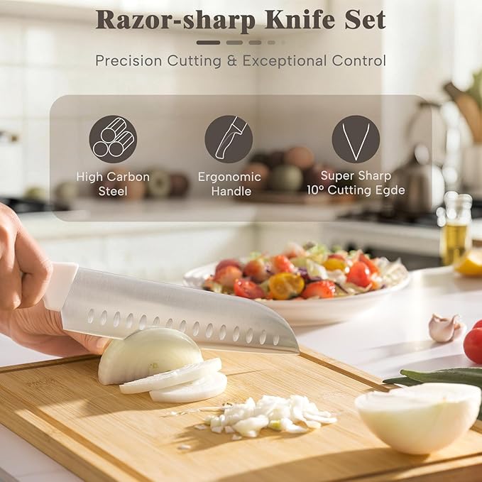 Knife Set, Astercook 22-Piece Kitchen Knife Set with Sharpener Block, High Carbon Stainless Steel Knives, Dishwasher Safe, Non-Slip Handle, Elegant Cream White Design, Perfect Holiday Gifts