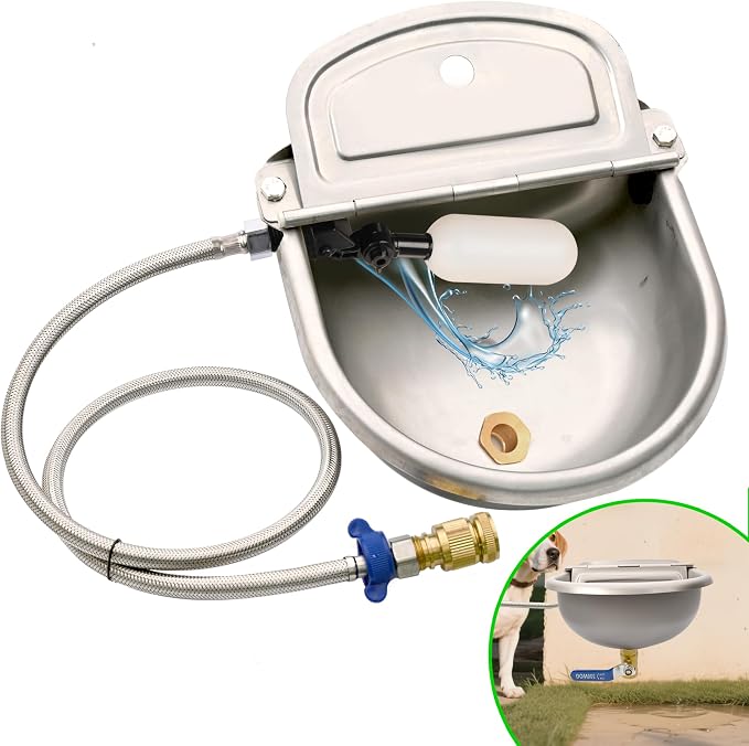 Automatic Dog Water Dispenser with Drain Hole & Drain Valve, Stainless Steel Auto Dog Water Bowl with Float Valve, Hose Quick Connect Fitting, for Livestock, Chicken, Horse (1 Gallon)