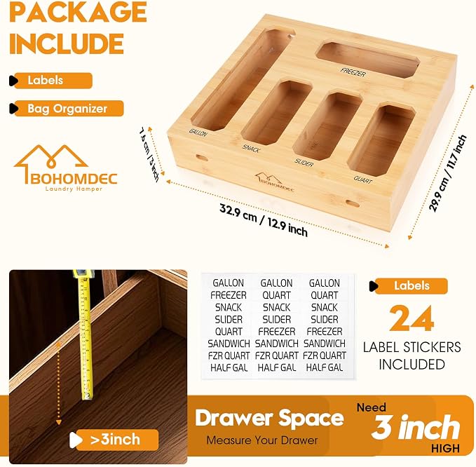 Bamboo Ziplock Bag Organizer for Kitchen Drawer, Food Storage Baggie Holder with 24 Label Stickers, Fits Gallon Quart Sandwich Snack Freezer & Slider Bags, No Assembly, Wall Mount or Drawer
