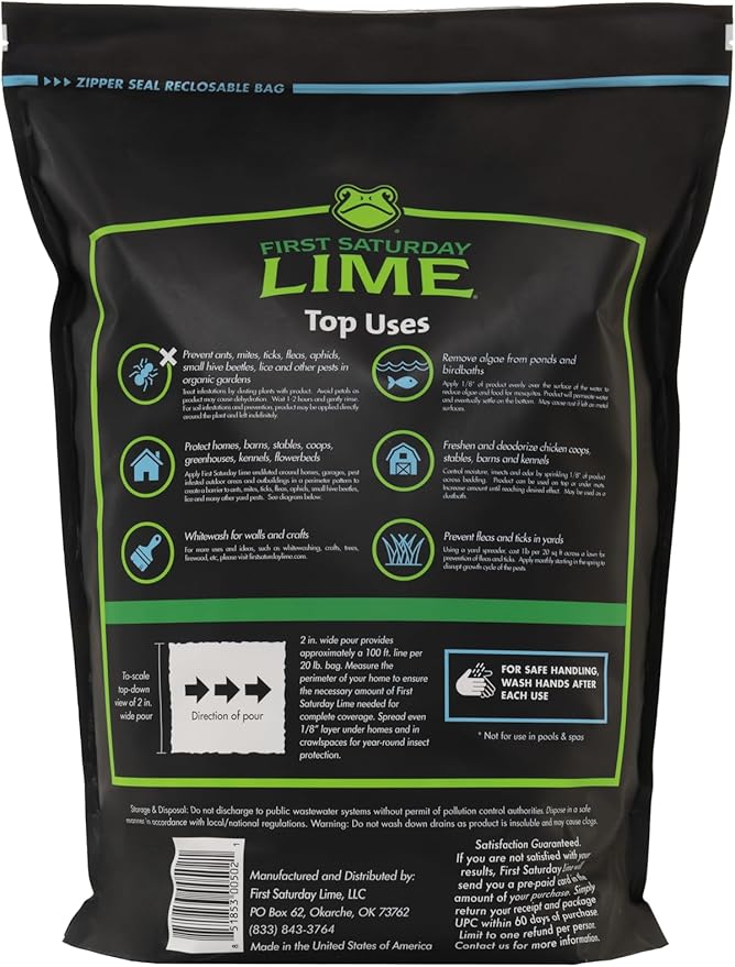 First Saturday Lime Insect Deterrent 20LB | Monthly Insect Barrier | Multi-Purpose Natural Repellent for Outdoors | Deters Ants, Ticks, Fleas & Others