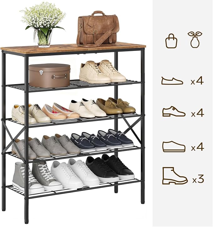 YATINEY 5-Tier Shoe Rack, Shoe Storage for Entryway and Closet, Free Standing Shoe Organizer with Metal Mesh Shelves, 16-20 Pairs of Shoes, Rustic Brown and Black SS05BR