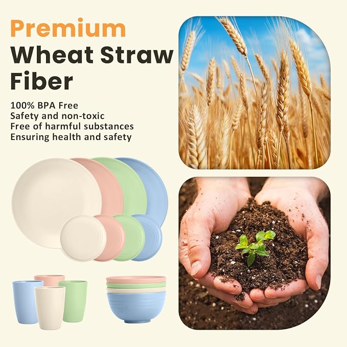 Homienly Premium Dinnerwave Sets, Lightweight & Unbreakable Wheat Straw Dish Set - Plates and Bowls Set with Cups, 16 PCS Microwave and Dishwasher Safe Dinnerware Set - Multi Light