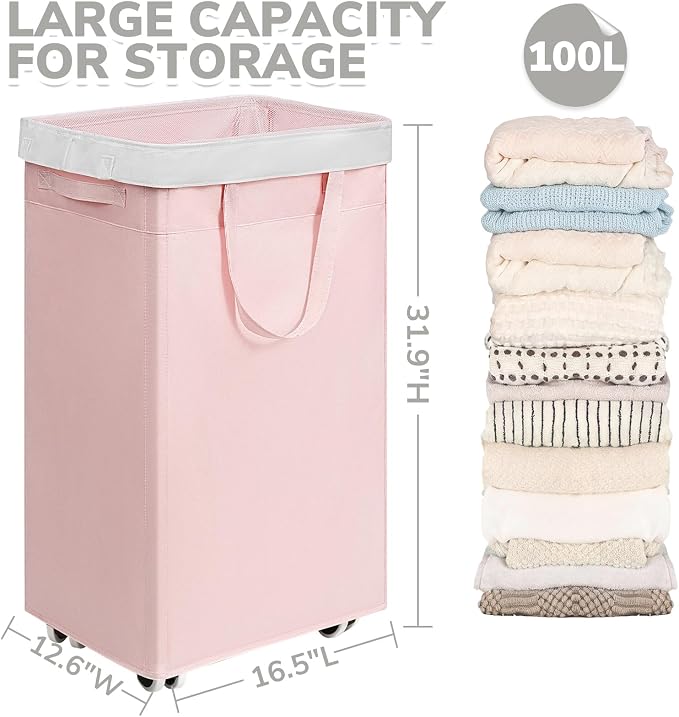 CHICVITA 100L Slim Laundry Hamper with Wheels, Collapsible Rolling Laundry Basket for Living Room, Pink Laundry Hamper for College Dorm