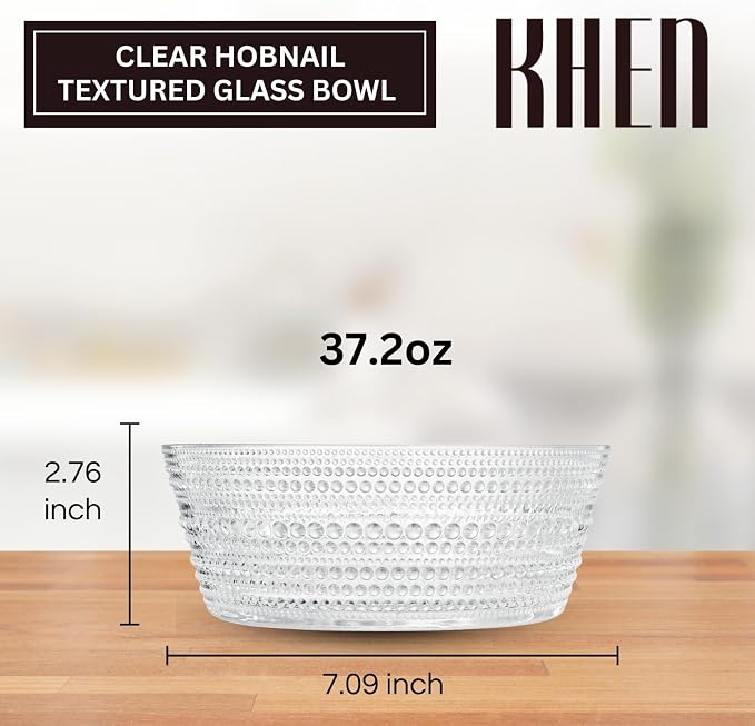 Khen Hobnail Glass Bowl Breaded Clear Borosilicate Decorative Tableware for Fruit, Salad or Centerpiece Display, Vintage Style 7 Inch Round Dish Ideal for Dining Table, Coffee Table or Kitchen Use