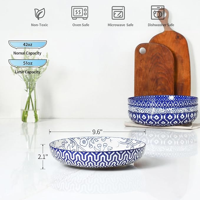 Selamica 9.6" Pasta Bowls Set of 4, 51 OZ Large Salad Bowls, Ceramic Wide and Shallow Serving Bowls for Soup, Dinner, Microwave & Dishwasher Safe, Vintage Blue
