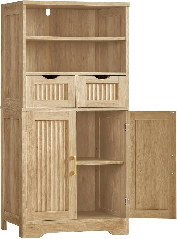 Iwell Tall Storage Cabinet, Fluted Cabinet with 2 Drawers & Adjustable Shelf, Bathroom Storage Cabinet, Kitchen Pantry Storage Cabinet, for Living Room, Dining Room, Home Office, Natural Oak