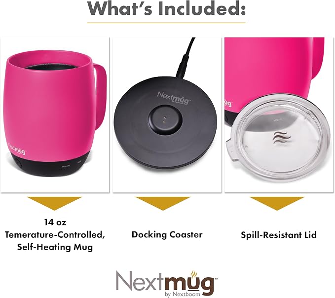 Nextmug - Temperature-Controlled, Self-Heating Coffee Mug (True Pink - 14 oz.)