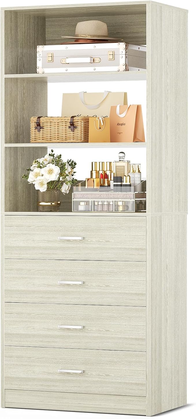 Aheaplus Wood Closet Organizer System with 4 Drawers, Modular Walk-in Closet Storage Unit, Small Closets Wardrobe Rack, Tall Storage Cabinet Unit, White Oak