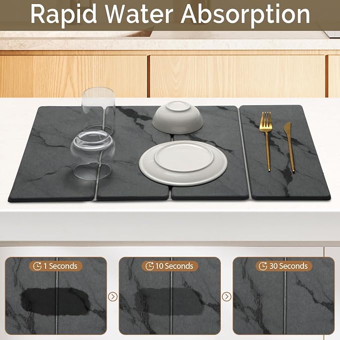 Large Stone Dish Drying Mat for Kitchen Counter, 2 PCS Quick Dry Stone Mats, Foldable Water Absorbing Diatomaceous Earth Drying Dishes Pad for Countertop Bottles Utensils Cup(Dark gray 24"x16"&8"x4")