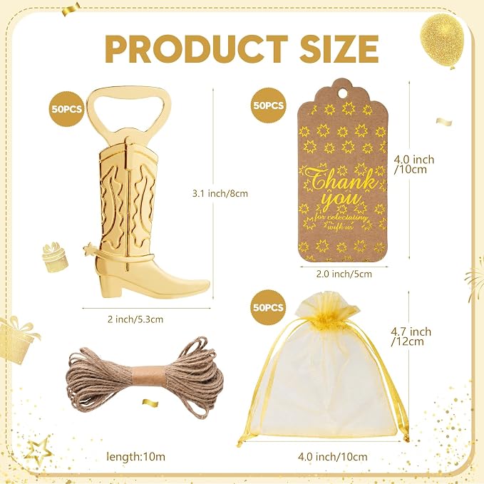 50 Pack Cowboy Boot Bottle Opener Favors, Metal Cowboy Bottle Opener Set with Thank You Tags & Organza Bags, Western Cowboy Party Favors, Western Wedding, Baby Shower “A Little Cowboy Is On The Way”