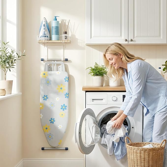 TJ.MOREE Ironing Board Hanger Metal Wall Mount Iron and Ironing Board Holder, Laundry Room Decor and Storage with Large Storage White