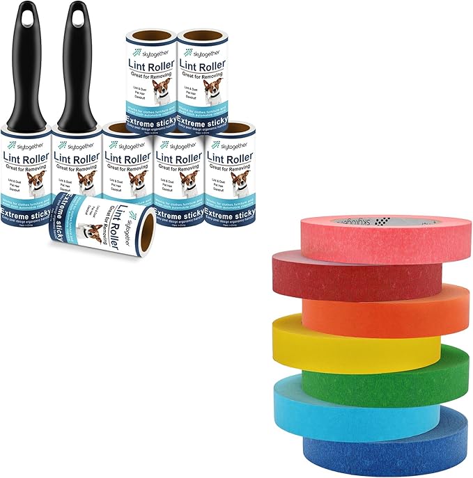 Cleaning & Creative Crafting Bundle: skytogether Lint Rollers for Pet Hair Extra Sticky 2 Reusable Handles+8 Lint Roller Refills Pack and Colored Masking Tape 1 Inch Wide 7 Rolls Bundle