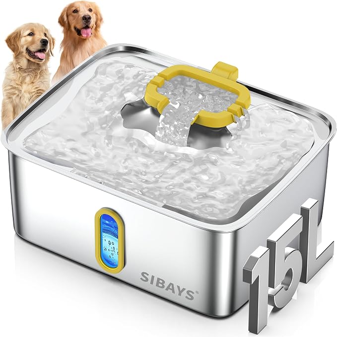 SIBAYS 4Gal/15L Stainless Steel Large Dog Water Fountain, Ultra Quiet Automatic Pet Water Fountain, Dog Water Bowl Dispenser with Water Level Window and LED Light, Easy to Clean(FS78, Silver-Yellow)