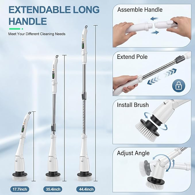 Cordless Electric Spin Scrubber with Extendable Long Handle | 3 Speed Modes, LED Light, 7 Replaceable Brush Heads, Works for Bathroom, Tub, Floor, Tile, Grout Cleaning