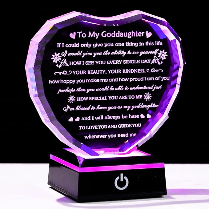 Arikyrist Goddaughter Gifts from Godmother Birthday Gift for Goddaughter from Godparents With LED Base Heart Crystal Keepsake Unique Goddaughters Gifts Idea on Mother's Day Christmas Graduation