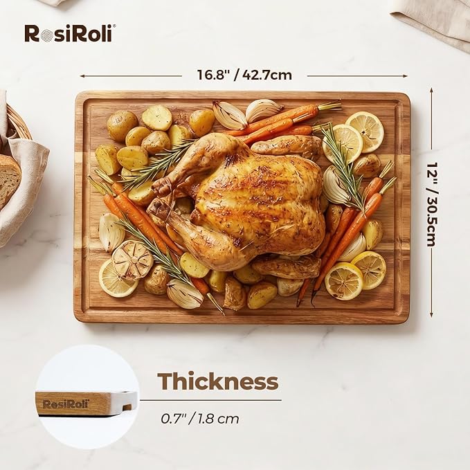 Large Acacia Wood Cutting Board for Kitchen, 17x12 Inch | Solid Acacia Wood, Butcher Block Size for Large Meal Prep, 0.7-Inch Thickness, Deep Juice Grooves, Non-Slip Feet