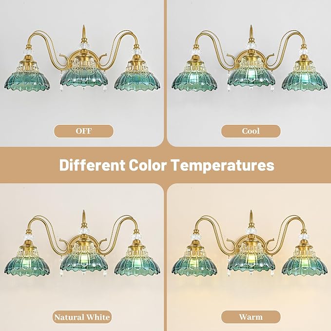 Vintage Bathroom Vanity Light, 3-Light Brushed Gold Finish Wall Sconce with Hanging Crystal Accents and Flower-Shaped Teal Glass Shades, Retro Wall Mount Vanity Light Over Mirror for Bathroom