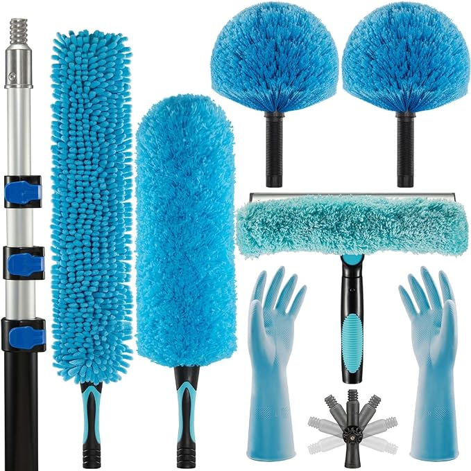 30ft 2 Cobweb Dusters, 24ft Extension Pole, High Ceiling Cleaning Tool | Fan Cleaner , 3-in-1 Window Squeegee Kit, Heavy Duty, Household Cleaning Gloves