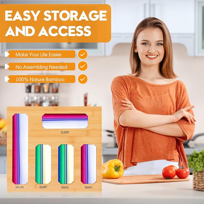 Bamboo Ziplock Bag Organizer for Kitchen Drawer, Food Storage Baggie Holder with 24 Label Stickers, Fits Gallon Quart Sandwich Snack Freezer & Slider Bags, No Assembly, Wall Mount or Drawer