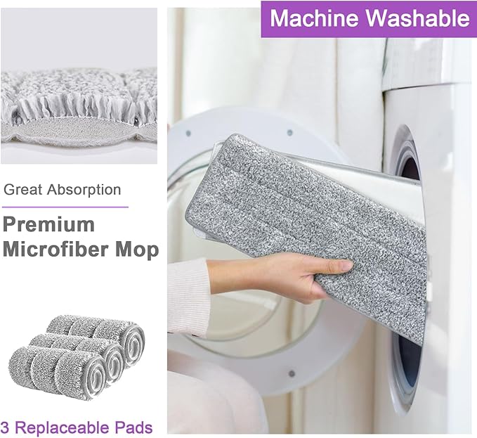 BOSHENG Mop and Bucket with Wringer Set, Hands Free Flat Floor Mop and Bucket, 5 Washable Microfiber Pads Included, Wet and Dry Use, Home Floor Cleaning System for All Floor Types and Windows,Purple