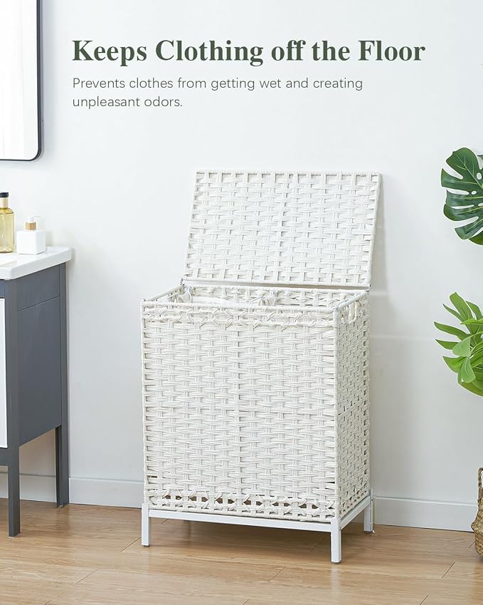 SETVSON Laundry Hamper with Lid, 112 L Handwoven Rattan, Cloud White | 2-Section Large Basket, 2 Removable Liner Bags, 3.34-In Heightened Metal Feet, 6 Mesh Laundry Bags, Side Handles