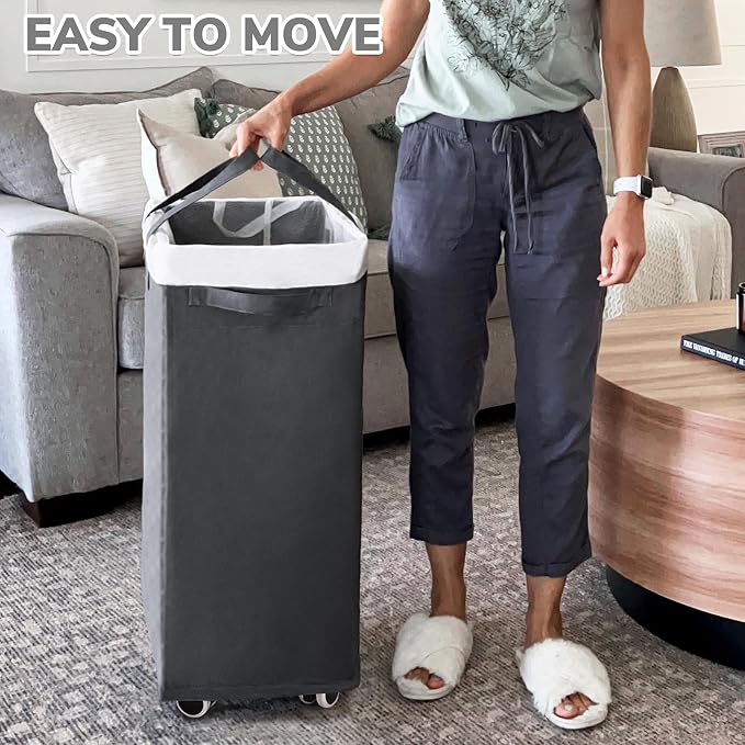 CHICVITA 100L Rolling Laundry Basket with Wheels, Large Collapsible Laundry Hamper with Removable Wash Bag Space for Corner Dorms, Grey