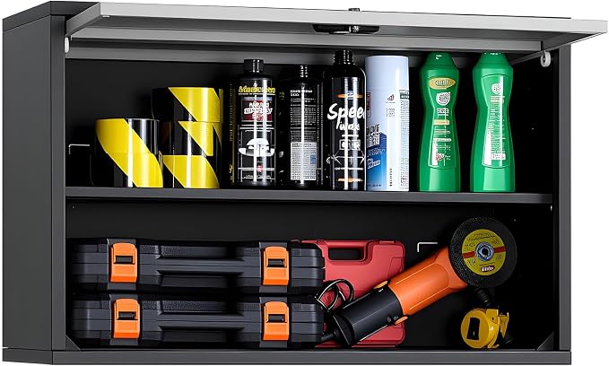 VEVOR Metal Wall Cabinet, 30.31 x 12.01 x 19.69 Inch, Floating Garage Tool Cabinet with Up-Flip Door and Shelf, 240 lbs Load Capacity, Fit for Garage, Basement, Kitchen, Warehouse Assembly Required