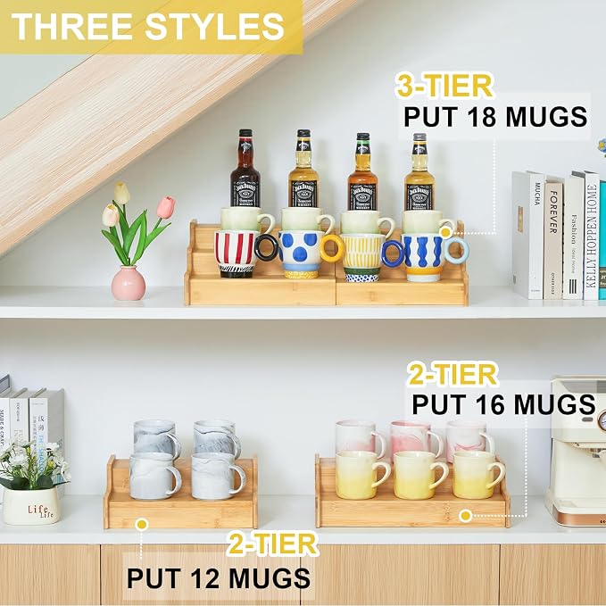 Hongtamoya 3-Tier Expandable Bamboo Mug Holder For Countertop Coffee Cup Holder Display Mug Organizer Mug Rack for Coffee Bar Organizer Mug Shelf for Cabinet for Kitchen, Home