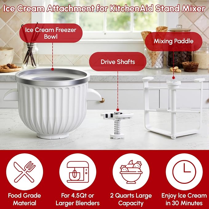 Ice Cream Maker Attachment for KitchenAid Stand Mixer | 2 Quart Ice Cream Bowl, Fits for KitchenAid 4.5 Qt & Larger Models - Homemade Ice Cream, Gelato & Sorbet, Ice Cream Machine