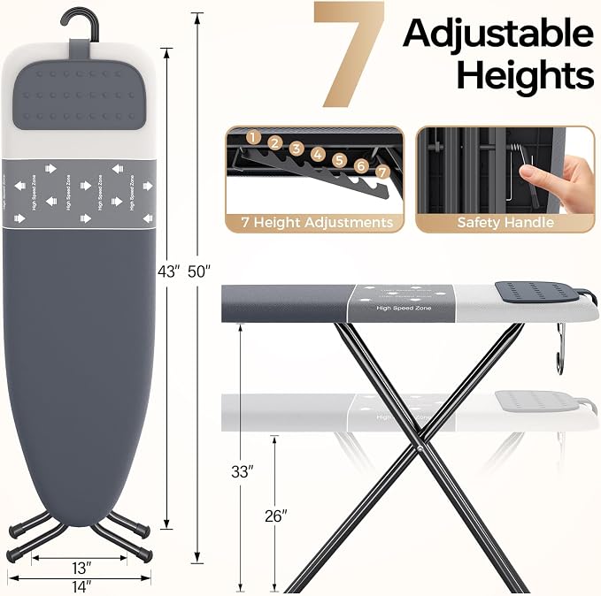 Foldable Ironing Board Standard Size, Iron Board Table Stand Foldable, Space-Saving Iron and Ironing Boards Set, Folding Ironing Boards Full Size with High Speed Zone & Silicone Rest 13x43 Steel Gray