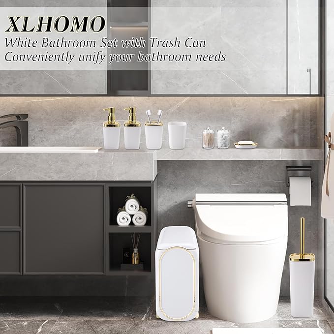 XLHOMO Bathroom Accessories Set, 9 Pieces White Bathroom Set, Bathroom Accessory Set with Slim Trash Can,Soap Dispenser,Toilet Brush,Toothbrush Set, Qtip Holders for Housewarming