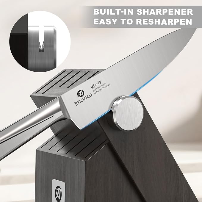 imarku Japanese High Carbon Stainless Steel Knife Set with Block, Precision-Forged Gyutou Kitchen Knives with Built-in Sharpener, Ultra-Sharp 10–15° Edge, Ergonomic Non-Slip Handle, Dishwasher Safe