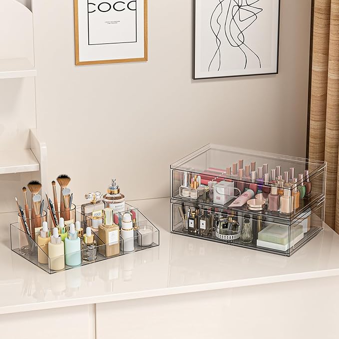 Clear Stackable Makeup Organizer with Drawer, 12''W Acrylic Storage Drawers, Cosmetic Display Case for Vanity Bathroom Countertop, Beauty Holder for Lipstick Brush Skincare Perfume (5 Pack)