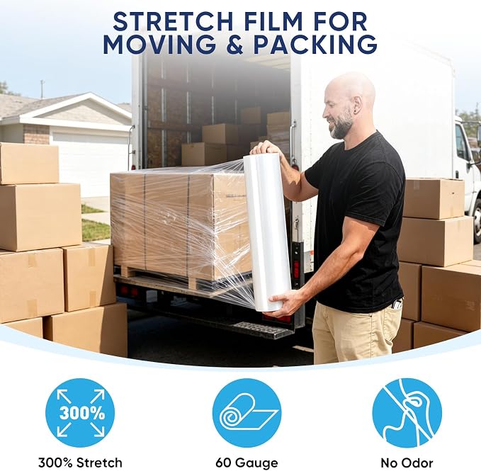 TICONN 2Pk Stretch Wrap Stretch Film Roll, 1000ft Industrial Strength 18 inch Wide Clear Plastic Wrap for Pallet Wrapping Shipping Moving (No Handle)