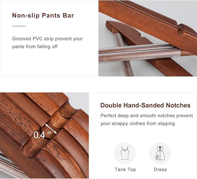 TOPIA HANGER Walnut Wooden Hangers 30 Pack, Wood Clothes Hangers, Durable Coat Hanger with 360-Degree Rotatable Hook, Non-Slip Pants Bar and Shoulder Notches for Camisole Tops - CT34WA30