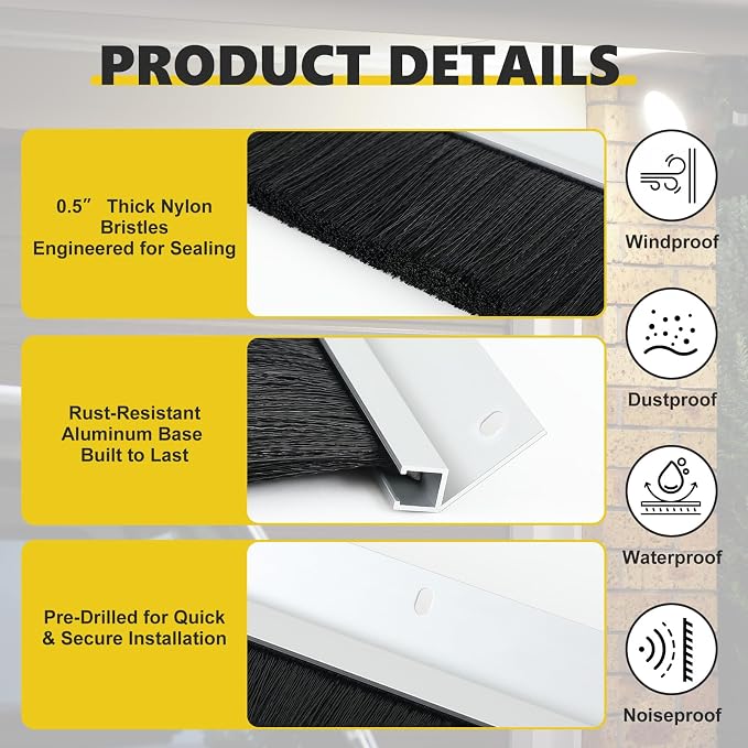 DoubleFill 2 Pack 12 x 12 ft Garage Door Brush Seal Kit, 3 Inch Roll up Door Seal with Aluminum Track, Heavy Duty Nylon Brush for Commercial Doors, Warehouse Barn, Energy Saving, Pest Proof, Black