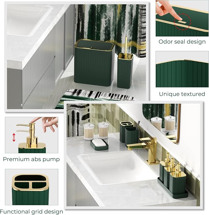 Bathroom Set - Bathroom Accessory Set, Dark Green Bathroom Set, 26PC Bathroom Sets with Shower Curtain and Rugs, Toilet Brush, Trash Can, Qtip Holder & Bathroom Soap Dispenser Set