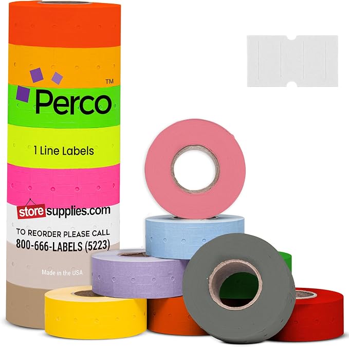 Custom Price and Date Labels - 32,000 Price Marking Labels for Perco Lite, X, Plus and Perco Pro 1 Line Guns - Choose Color, Font and Imprint - 32 Rolls, 4 Sleeves - Made in USA